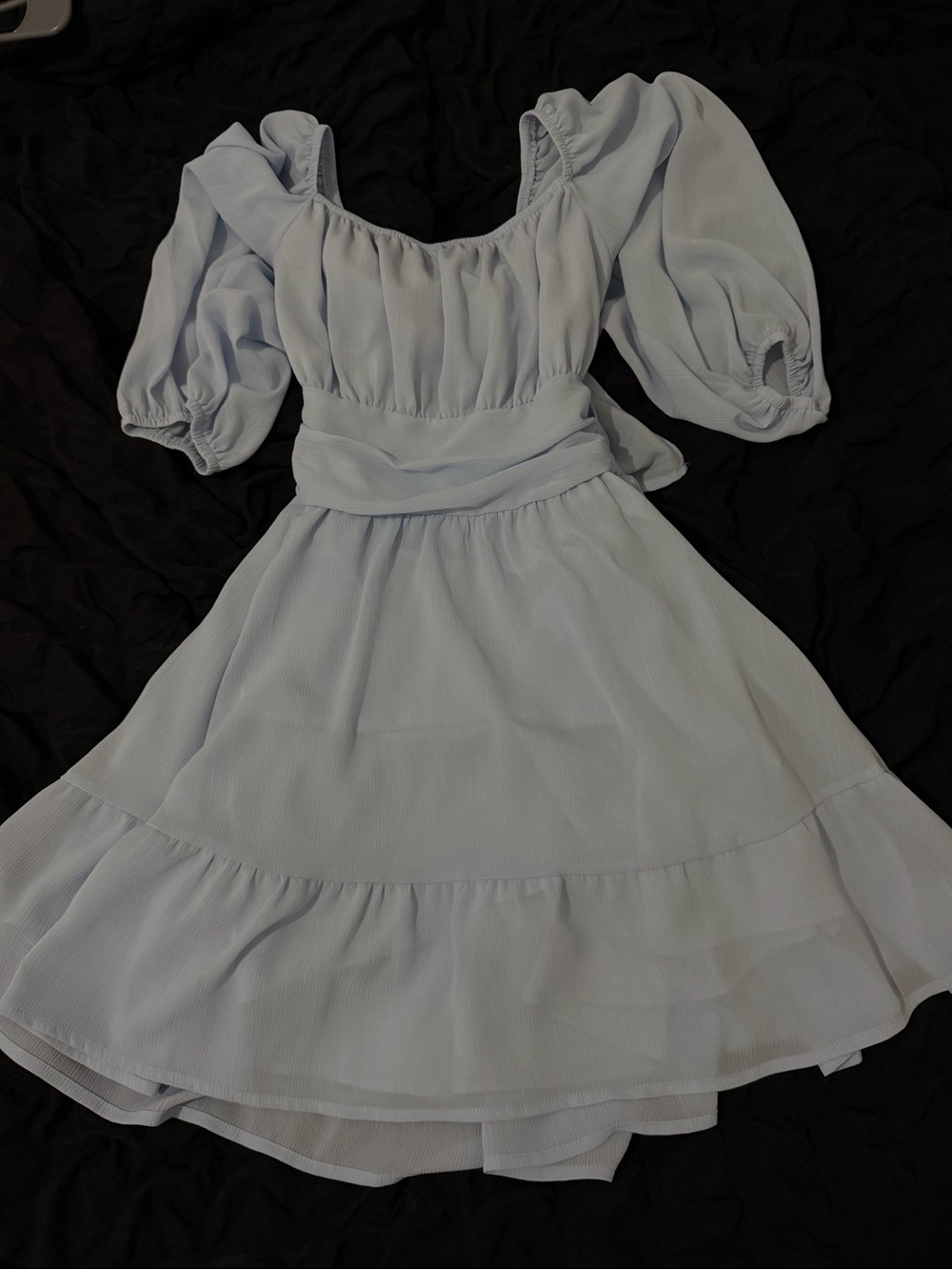 Light Blue Puff-Sleeve Casual Girls Dress with Waist Tie